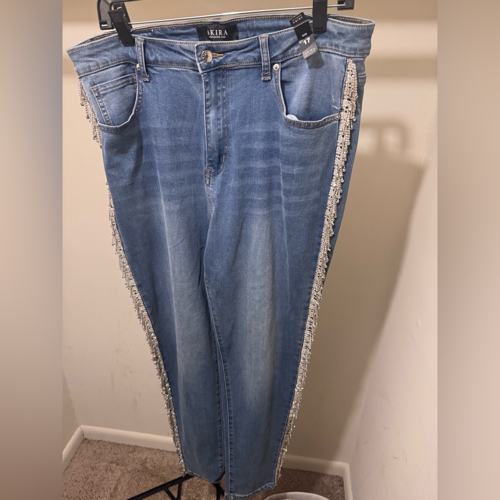 AKIRA Denim Stretch Jeans with Side Beaded Fringe